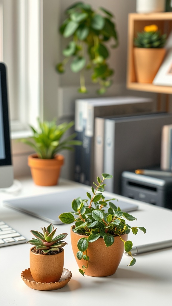 Two lovely desk plants in terracotta pots on a workspace, enhancing the office aesthetic
