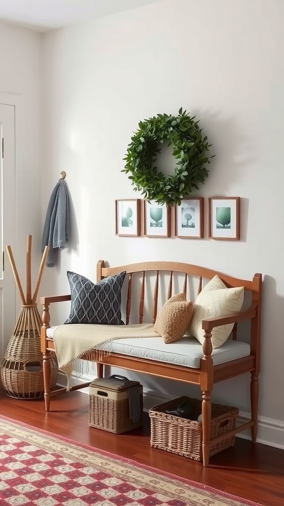 Wooden entryway bench with cushions, throw pillows, and a wreath on the wall.