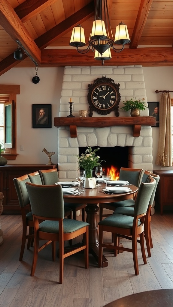 Luxurious Italian dining room with a round table, fireplace, and rustic decor