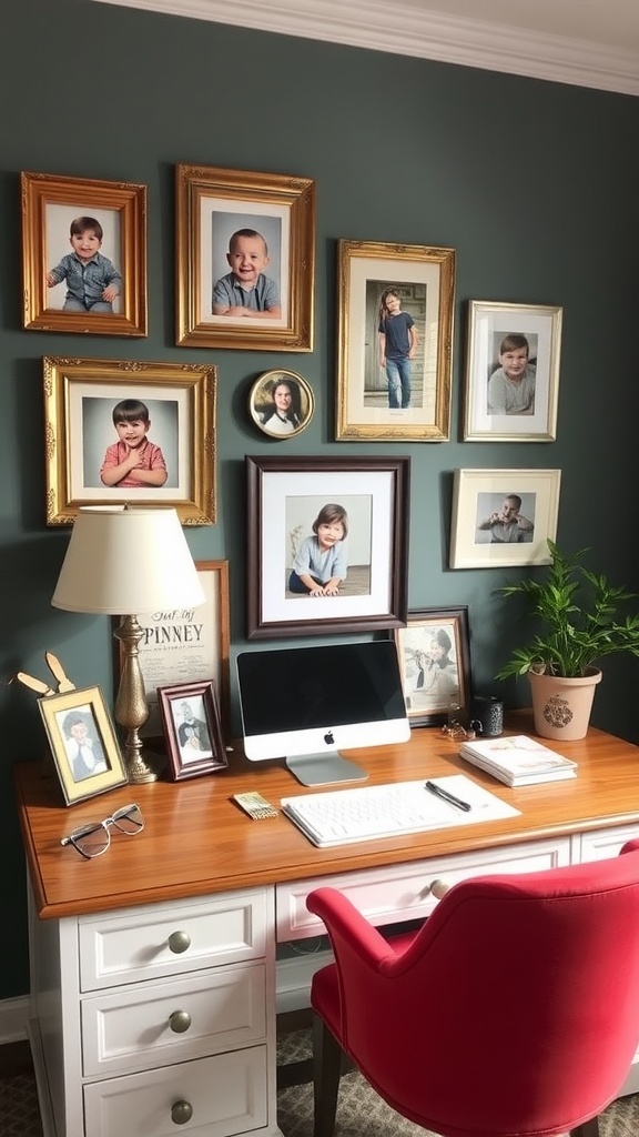 Home office with a gallery wall of family photos above a desk with a computer and plants.
