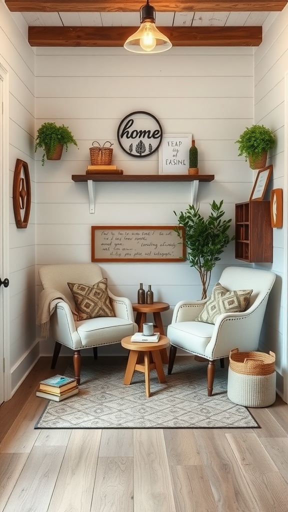 A cozy farmhouse reading nook with two armchairs, a small table, and decorative elements.