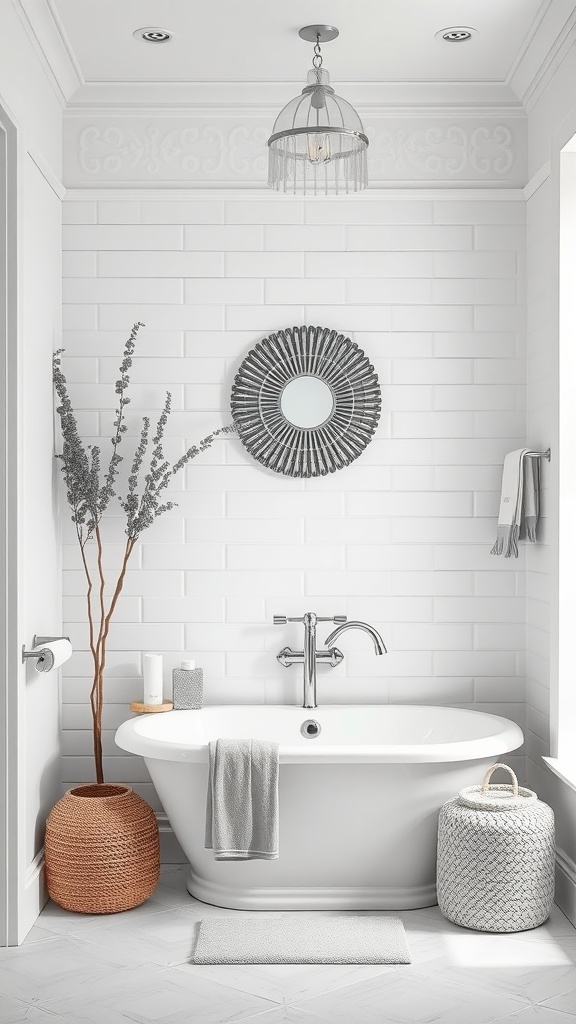 A modern gray and white bathroom featuring a freestanding tub, gray accents, and stylish decor.