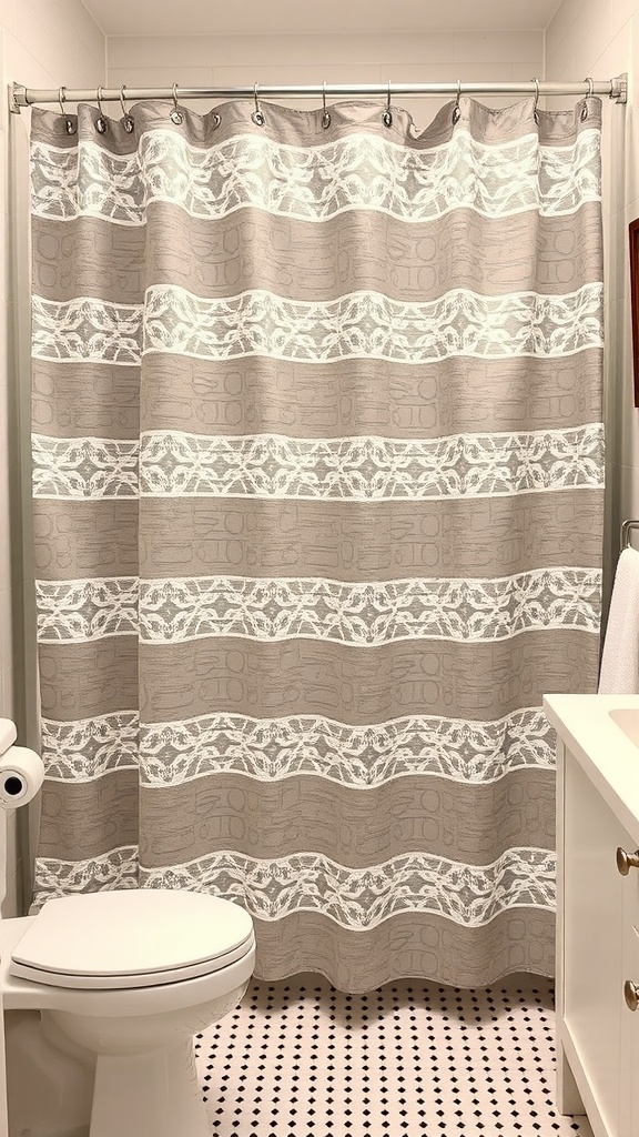 Gray shower curtain with white patterns in a stylish bathroom