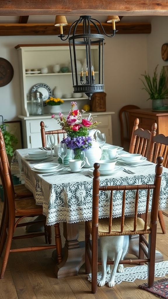 A cozy dining room featuring a lace tablecloth, wooden chairs, and a beautiful flower arrangement.