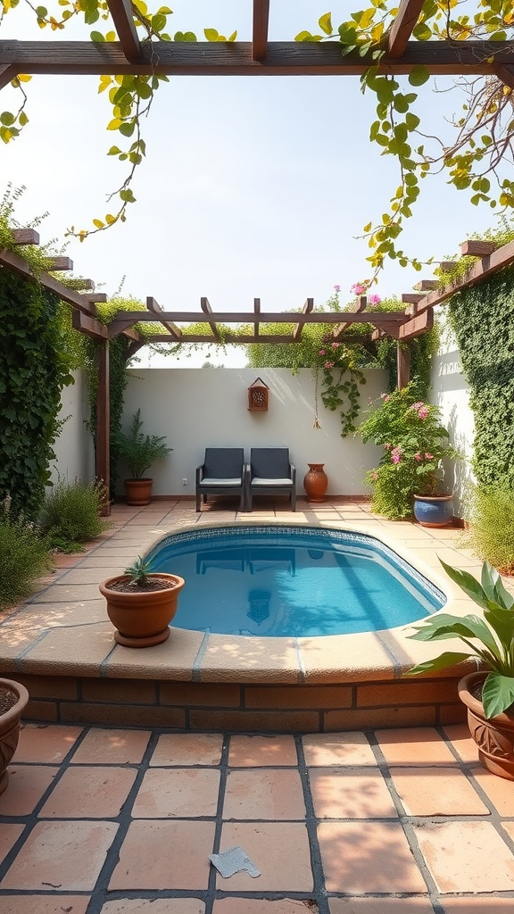 Cozy pool area with pergola and potted plants