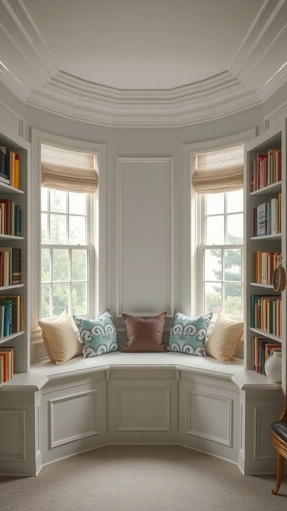 Charming reading alcove with bay windows and cozy cushions, surrounded by bookshelves.