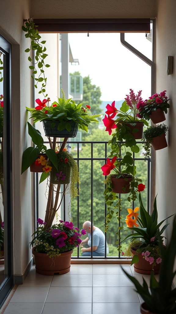 A small balcony featuring a vertical garden with colorful flowers and green plants in pots.