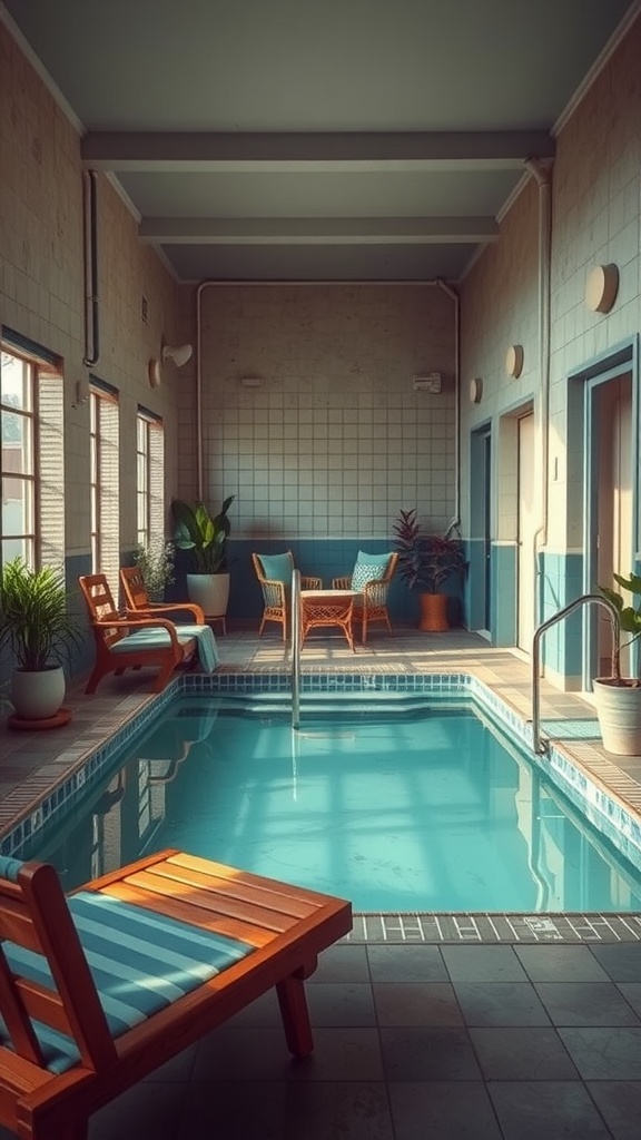 Cozy indoor pool area with vintage decor, wooden loungers, and lush plants