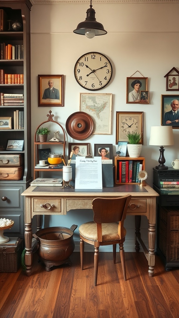 A vintage writing desk with books, a plant, and framed pictures on the wall, creating a cozy office atmosphere.