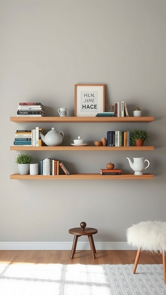 Charming wall shelves with books, plants, and decorative items in a country farmhouse living room