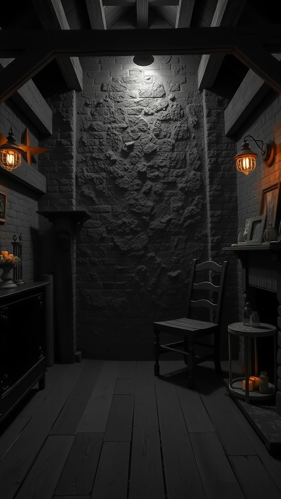 A rustic dark room with textured walls and warm lighting, showcasing the color Charred Ember.