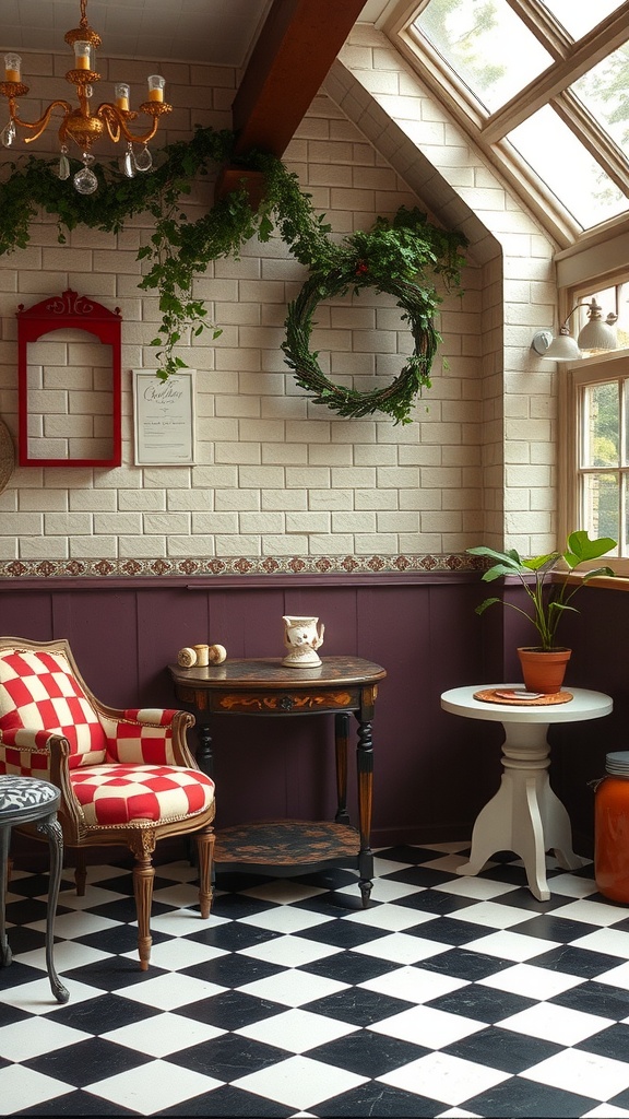 A cozy living room with checkerboard flooring and red and white patterned chair, decorated with plants and a chandelier.