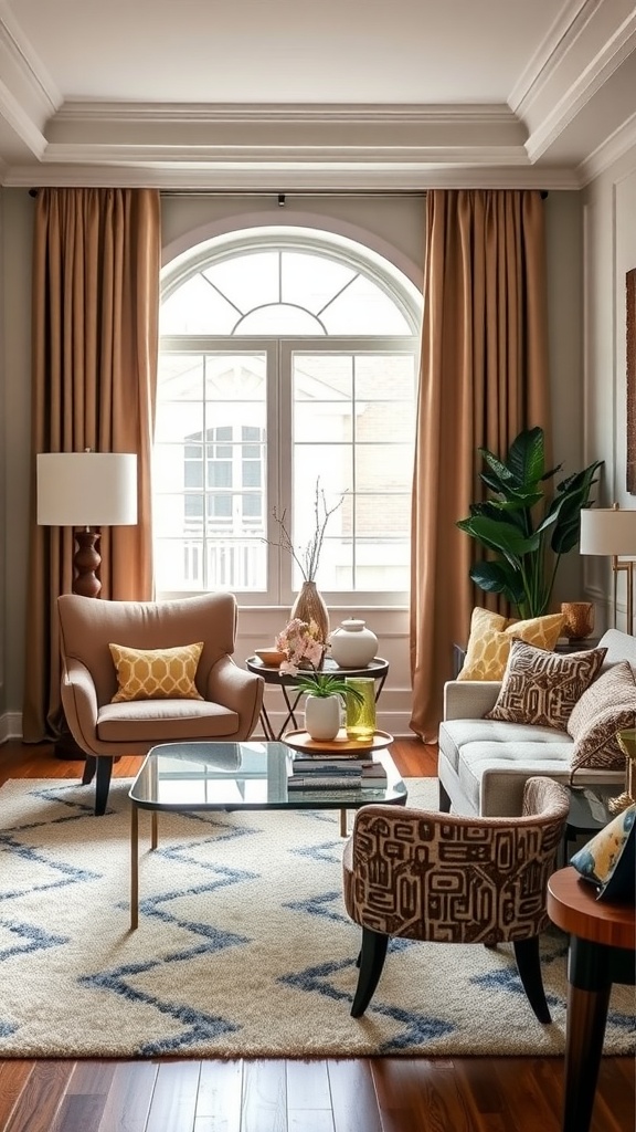 A stylish living room featuring two unique accent chairs, a glass coffee table, and warm decor elements.