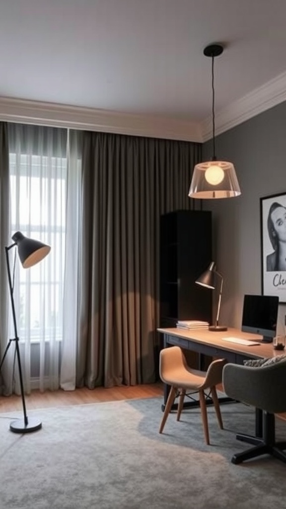 A modern home office featuring stylish lighting and decor.