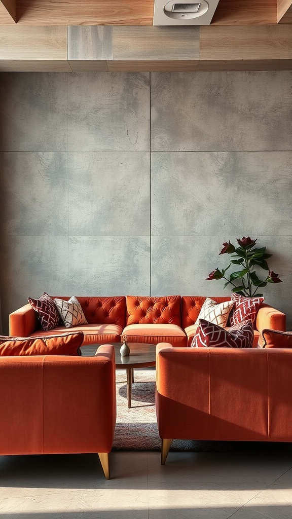 A chic lounge area featuring orange velvet sofas, concrete walls, and a coffee table.