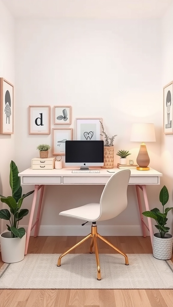 A chic small home office with a white desk, stylish chair, plants, and framed art.