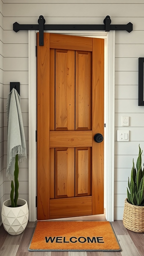 Chic barn door in farmhouse bathroom with warm wooden tones and black hardware