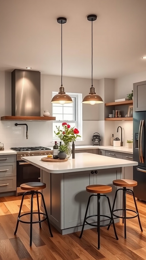 Chic kitchen island with overhead lighting and bar stools in a modern kitchen setting