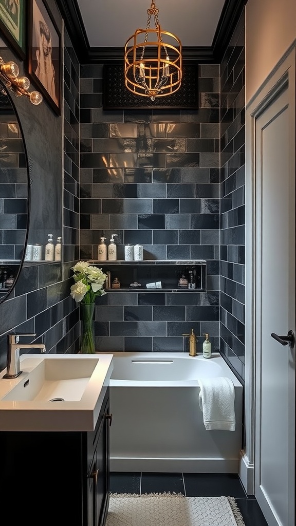 Elegant bathroom with black tiles, white fixtures, and gold accents