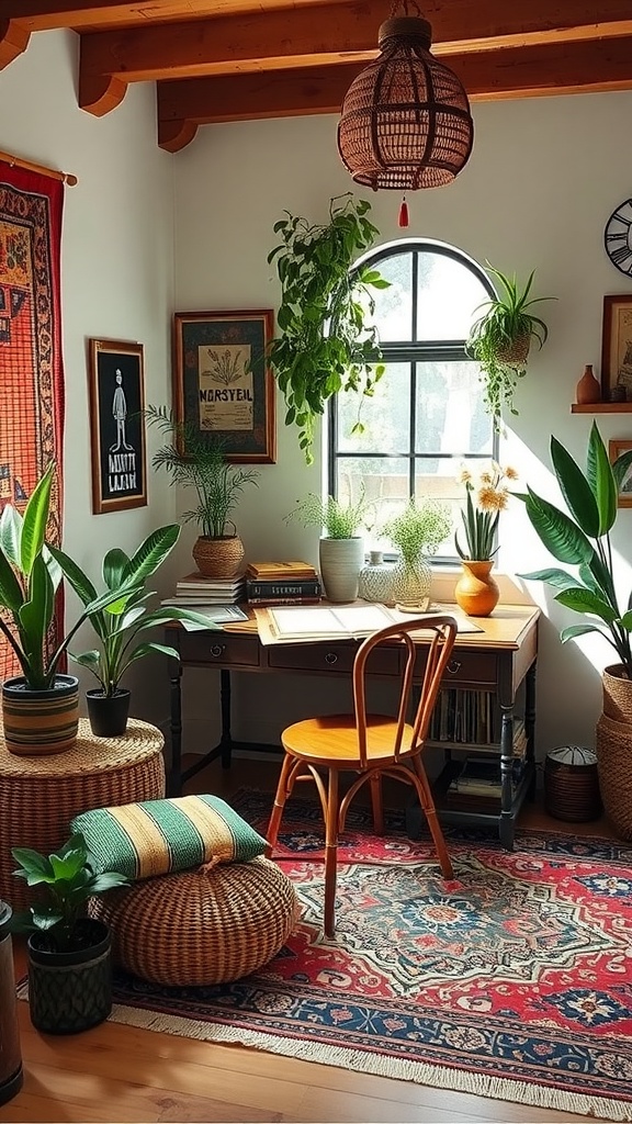 Chic bohemian home office with plants, a desk, a chair, and woven decor