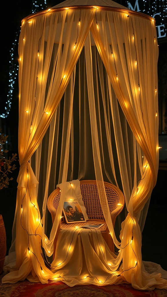 Cozy reading nook with a canopy, fairy lights, and a rattan chair.