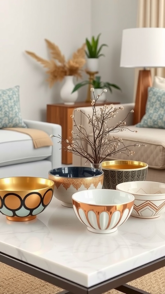 A collection of decorative bowls in various designs and colors displayed on a marble table in a chic living room.