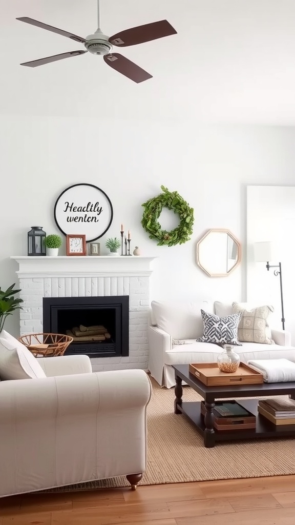 A cozy living room featuring farmhouse signage, wreath, and natural elements