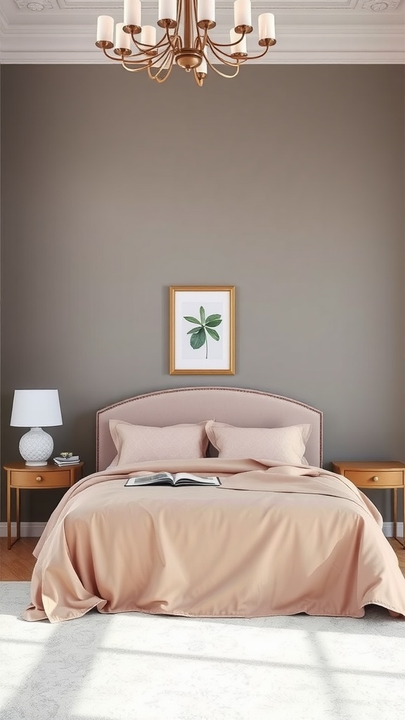 A chic bedroom featuring grey walls and blush bedding with elegant decor elements.