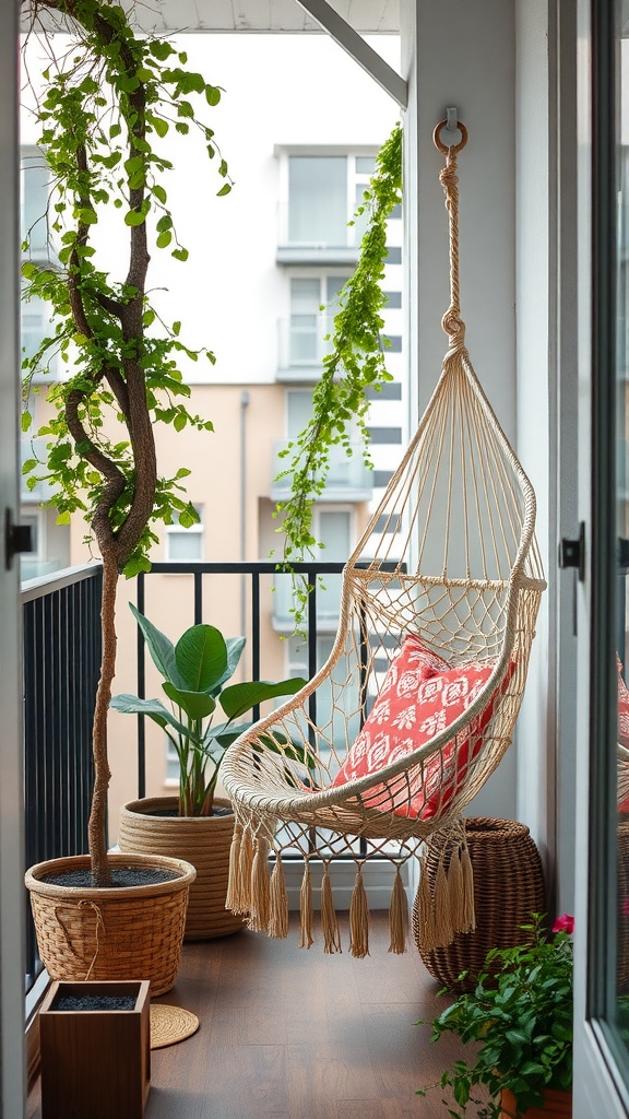 A cozy small balcony featuring a stylish hammock chair with a red decorative pillow, surrounded by potted plants and greenery.