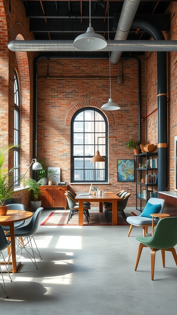 Stylish industrial loft workspace featuring brick walls, a large window, wooden dining table, colorful chairs, and plants.