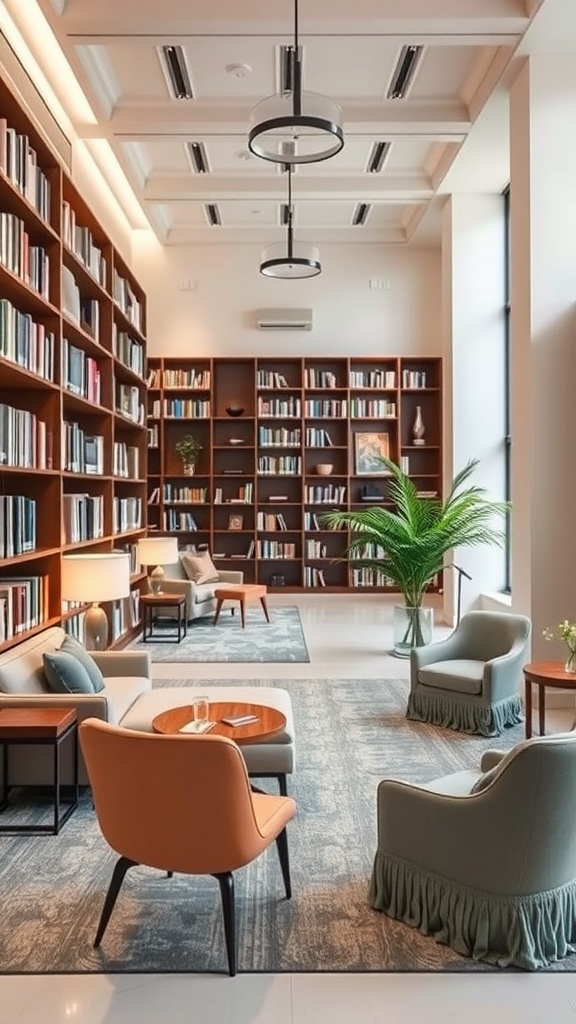 A chic modern library featuring wooden bookshelves, stylish seating, and natural light.