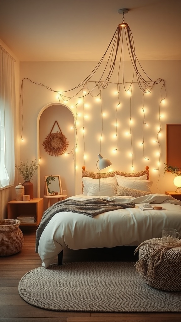 A chic minimalist boho bedroom with fairy lights adorning the walls.