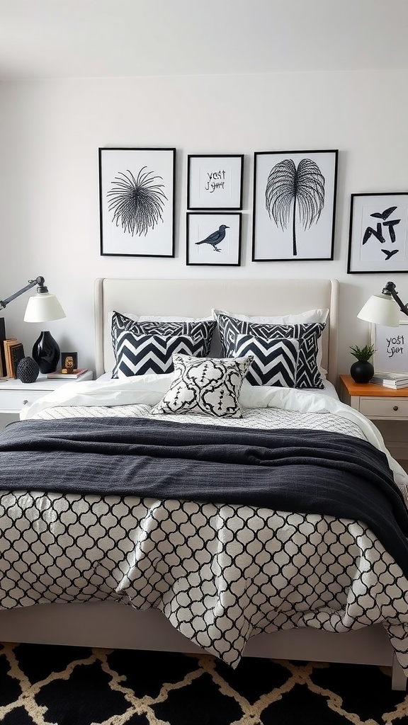 A chic monochrome bedroom featuring geometric patterned bedding, stylish wall art, and modern lighting.