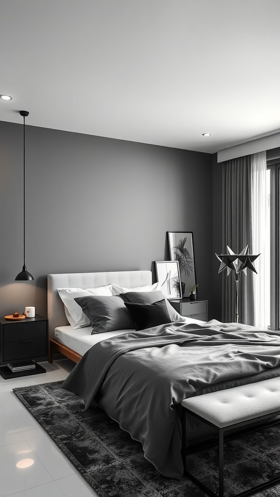 Modern monochrome bedroom with gray tones and sleek furniture