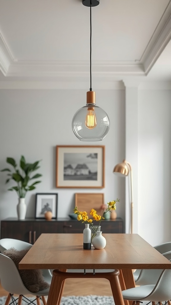 A chic pendant light with a short drop above a dining table surrounded by modern chairs, featuring a clear globe and warm bulb.