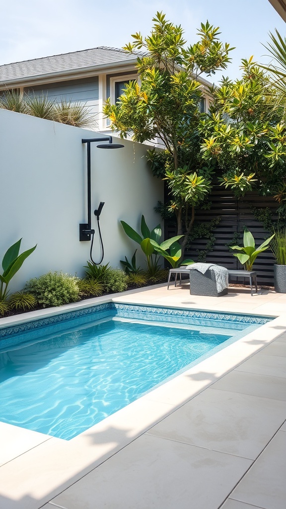 A small pool with an outdoor shower, surrounded by plants and a cozy seating area.