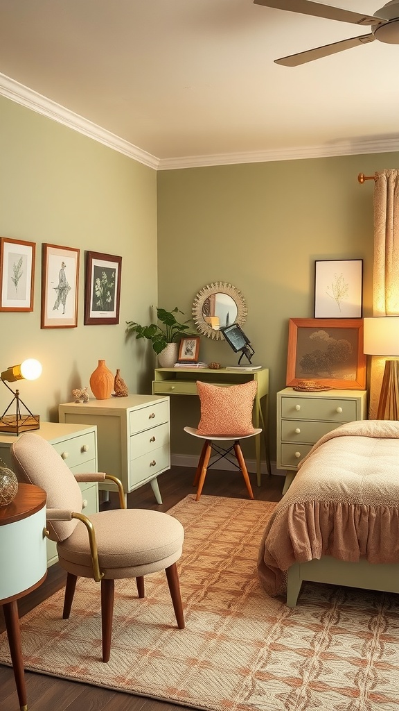 A chic retro bedroom featuring sage green walls and peach accents with mid-century modern furniture.