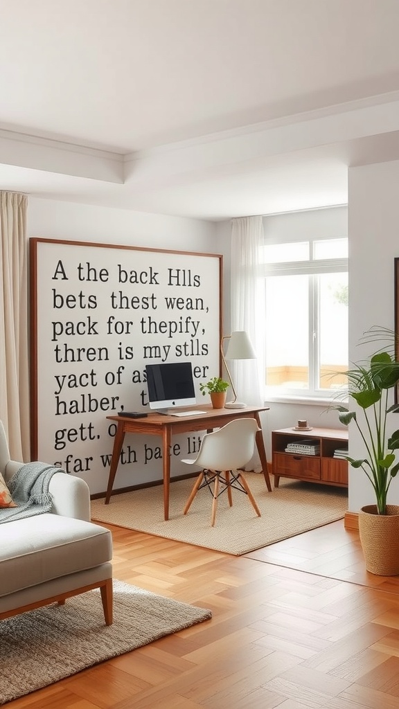 Stylish room divider in home office setting featuring wall art and a minimal desk.