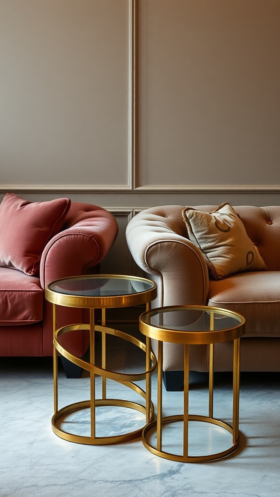 Chic side tables with gold accents next to plush sofas in a living room setting.