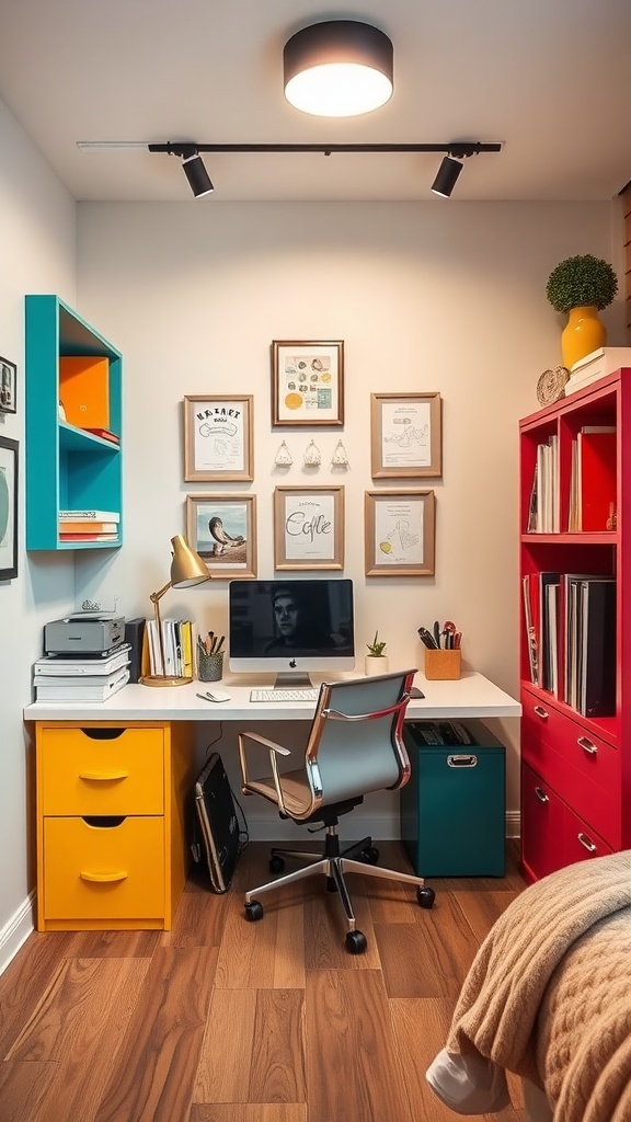 A stylish home office setup featuring colorful storage options and a cozy atmosphere.