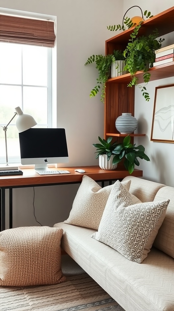 A cozy home office corner with a light-colored sofa adorned with chic throw pillows, a wooden desk, and greenery.