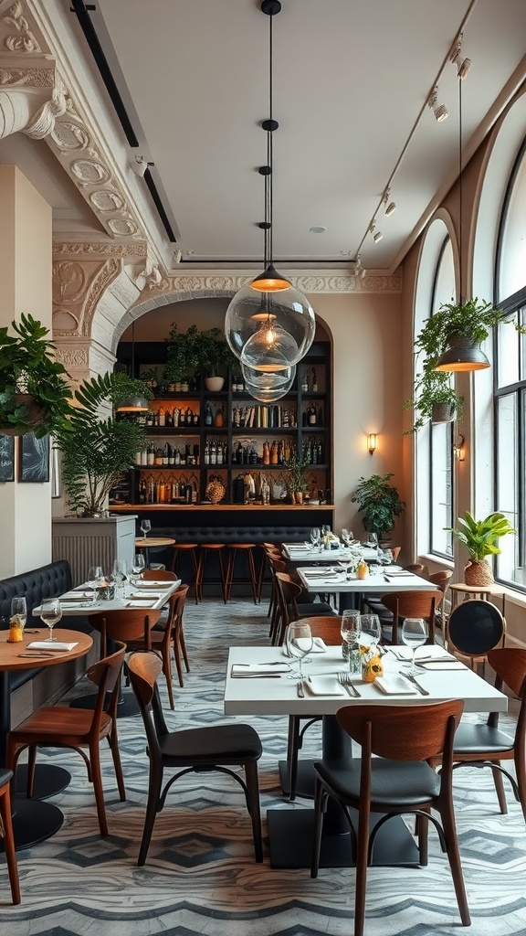 Chic urban dining space in Rome with stylish tables, elegant lighting, and lush greenery.