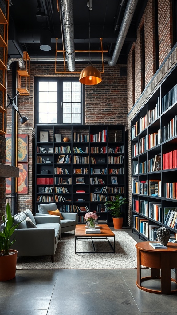 Chic urban loft library with cozy seating, brick walls, and black bookshelves