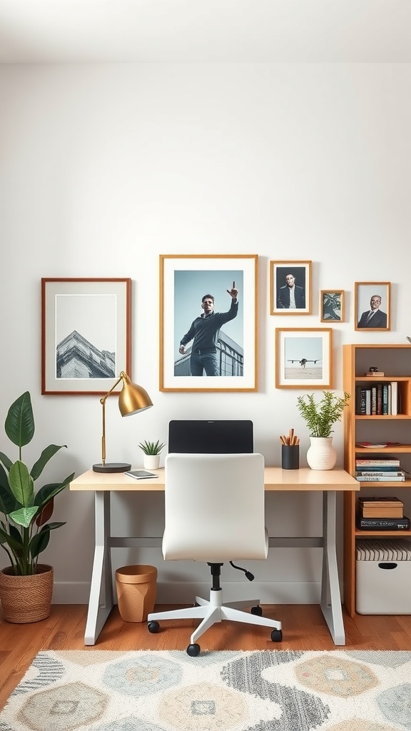 Chic home office with wall art displays and a modern desk setup