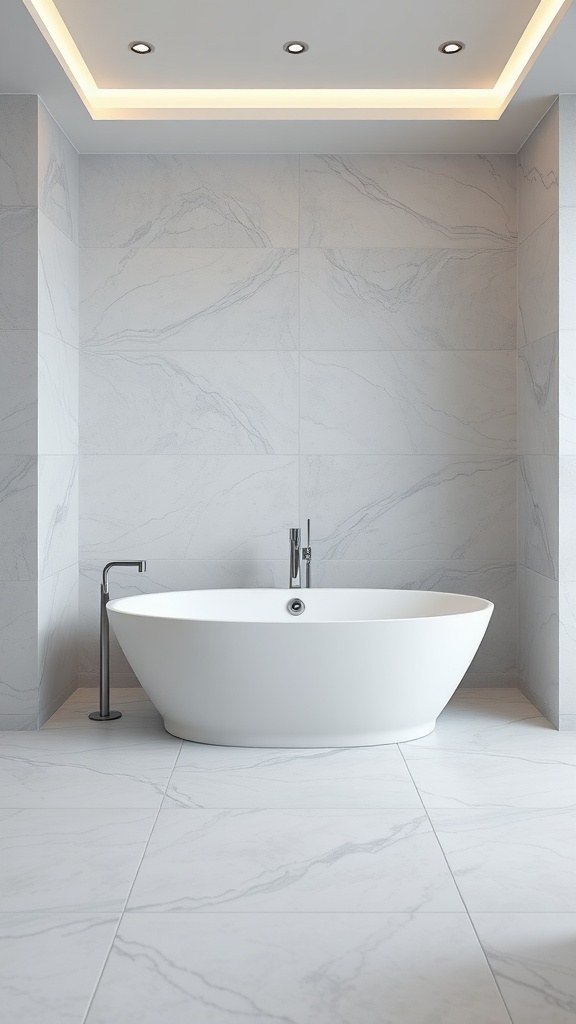 Chic white freestanding bathtub in a modern gray and white bathroom