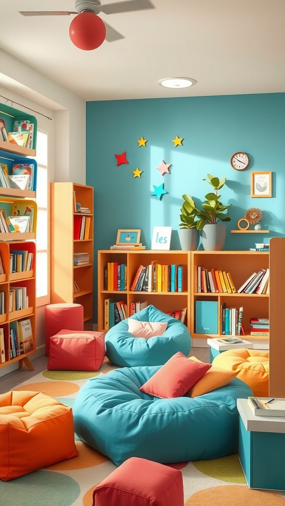 A colorful child-friendly reading nook with bean bags, bookshelves, and bright wall decorations.