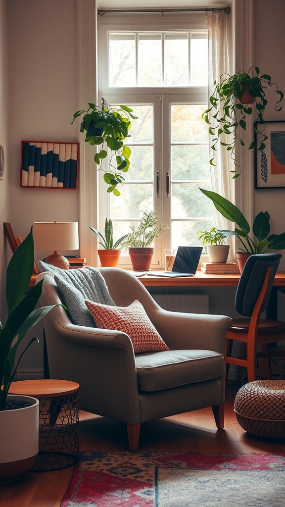 A cozy home office with a comfortable armchair near a window, surrounded by plants and warm decor.