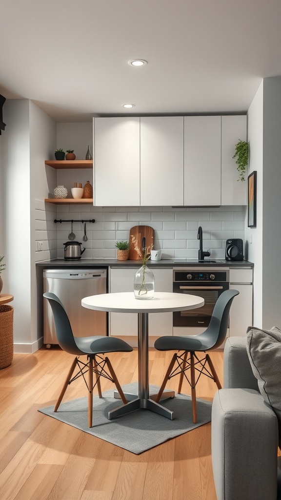 A compact dining set in a small kitchen featuring a round table and two chairs, surrounded by modern kitchen appliances and decor.
