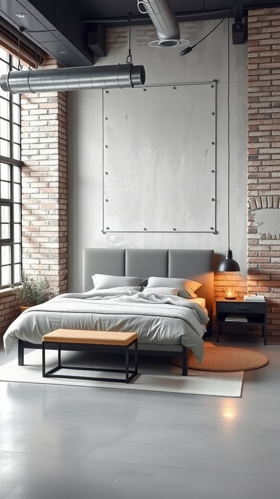 A modern industrial bedroom featuring a neutral color palette with grey bedding, exposed brick walls, and minimalist furniture.
