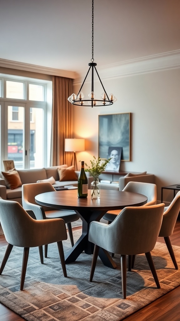 Cozy living room dining room combo featuring a round table, stylish chairs, and soft lighting.